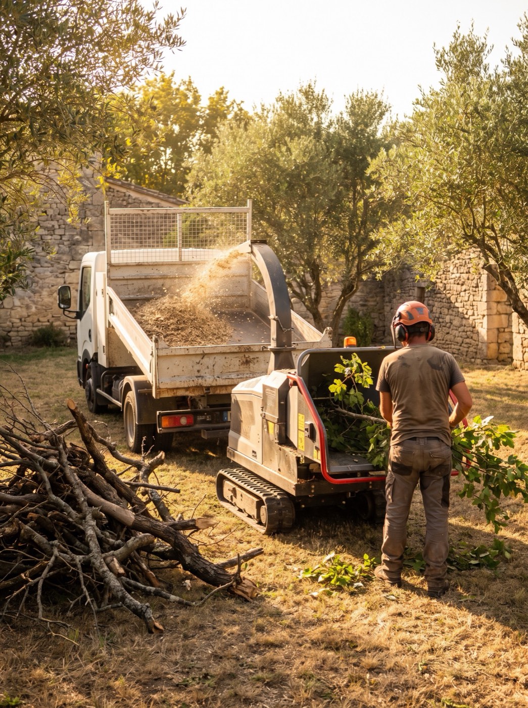 Broyeur de végétaux sur chenilles en action
