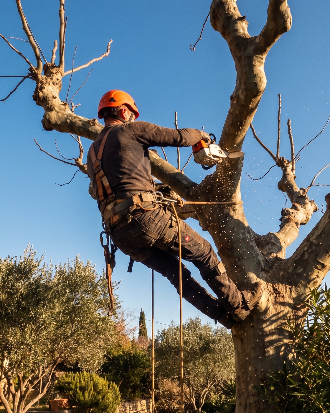 Loïc encordé dans la ramure d'un arbre, en taille
