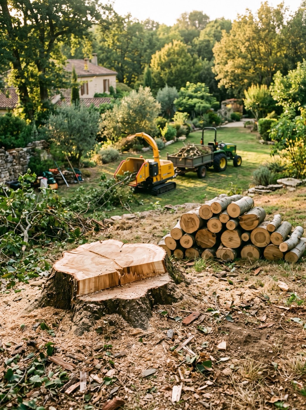 Souche d'un peuplier abattu, broyeur et tracteur sur le chantier